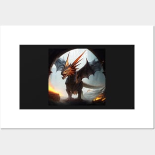 Evil Dragon with Metallic Wings in a Cave Posters and Art